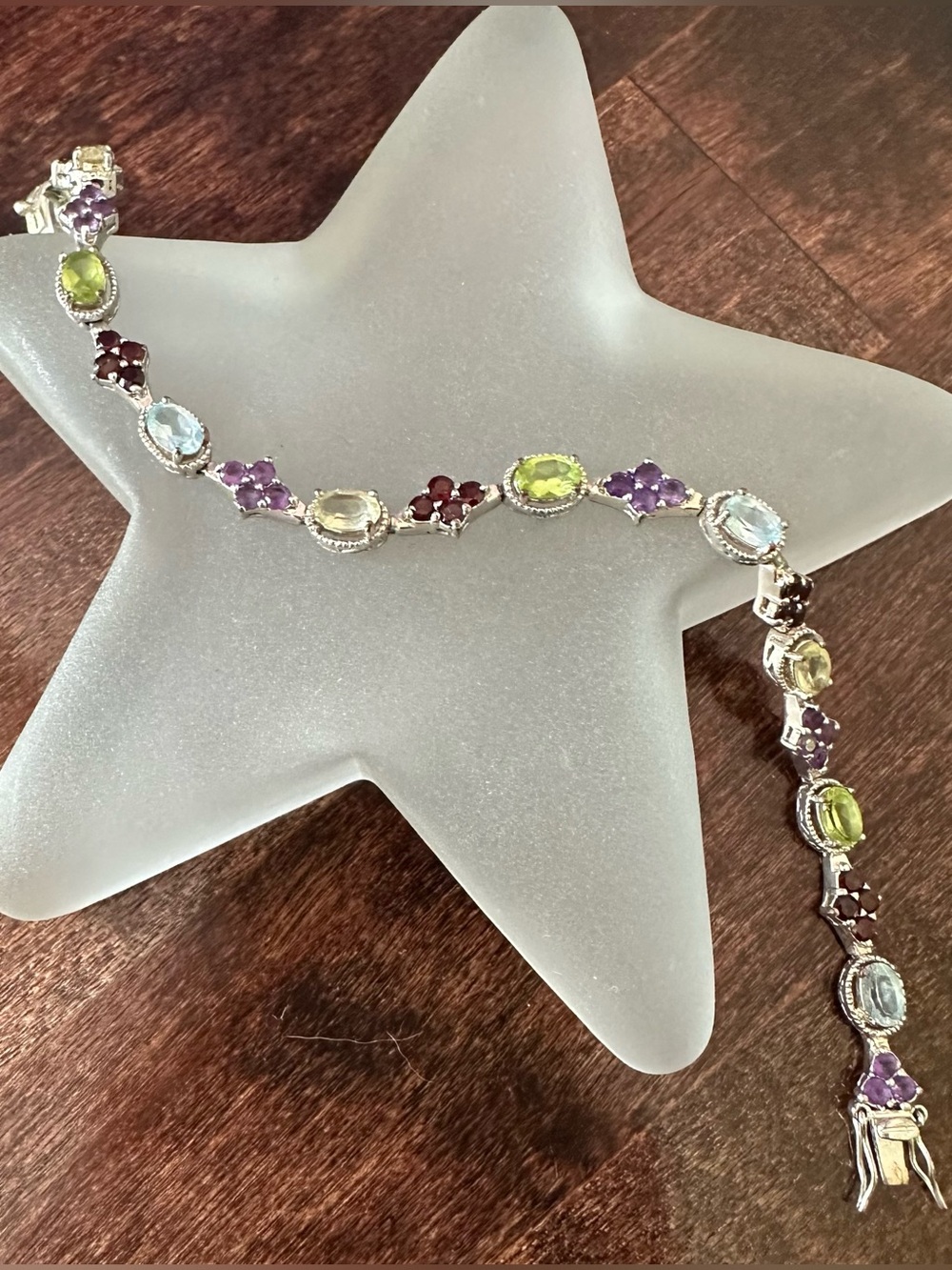 Sterling silver tennis bracelet with semi-precious stones, 7.5in long